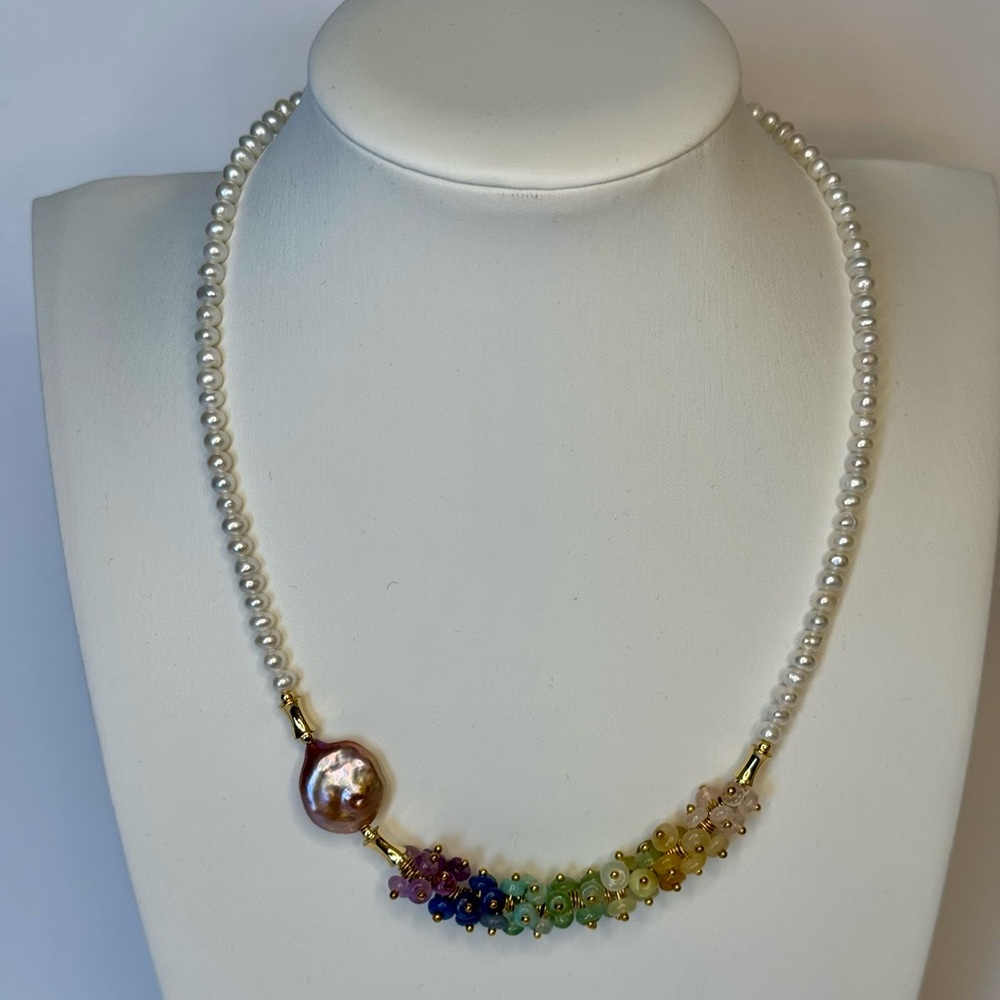 Metallic Coin Pearl, Gemstone clusters, and White Baby Pearl Necklace